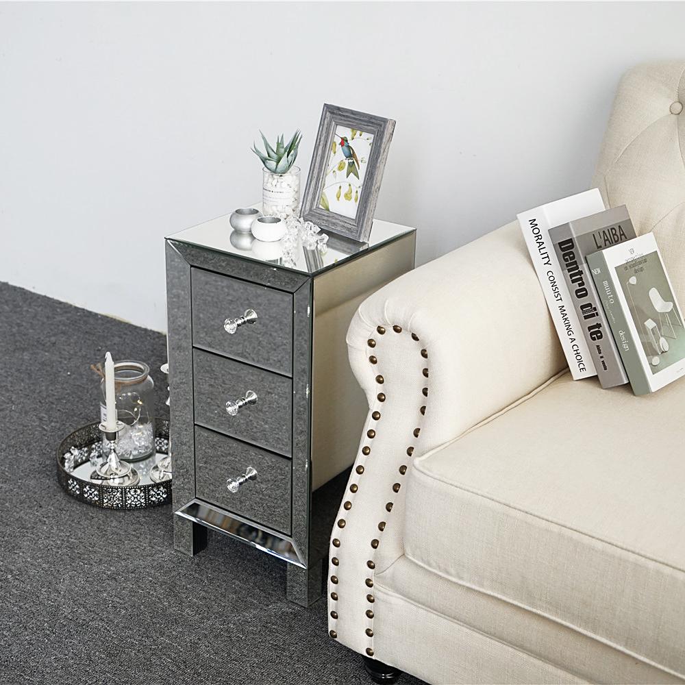 Modern And Contemporary Mirrored 3-Drawers Nightstand Bedside Table Bedroom Furniture