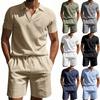 Completo Estivo da Uomo in Lino a 2 Pezzi Abbigliamento da Spiaggia Casual Camicie a Maniche Corte e Pantaloncini da Vacanza
