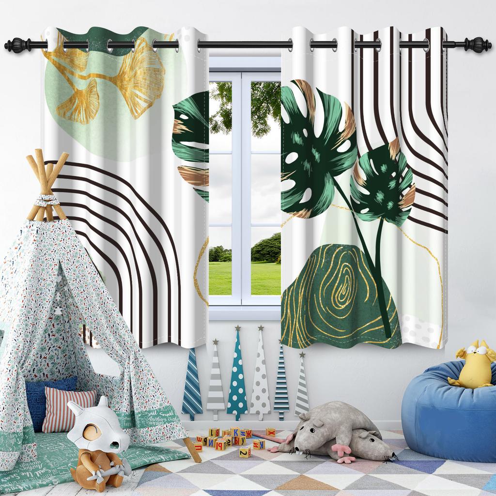 2Pcs Bohemian Style Curtains Plants Leaf Geometric Pattern Blackout Curtains Boho Window Curtain for Bedroom Apartment Decor