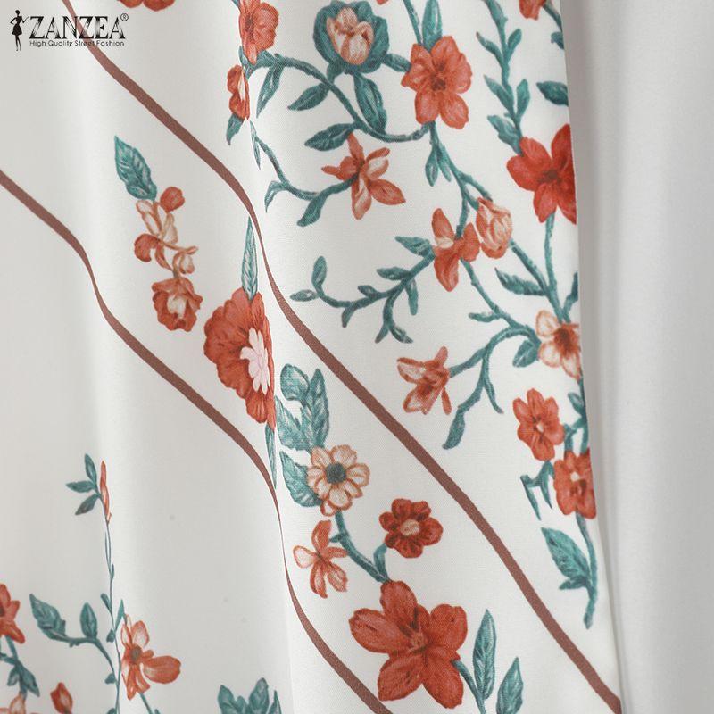 ZANZEA Damen Rundhals Blumenmuster Locker 3/4 Ärmel Rüschen Bluse