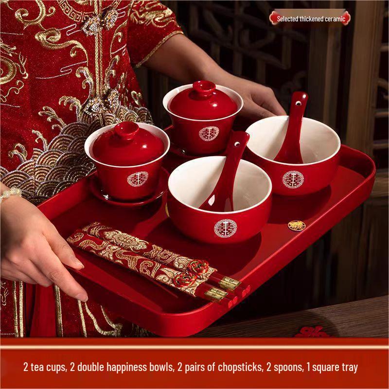 Red Wedding Tea Set: Complete Cups, Lid, Bowl & Chopsticks Set for a Joyous Occasion