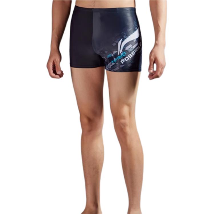 Li-Ning Swimming Series Letter Print Mid-Rise Stretch Boxer Swim Trunks Men Swimwear Black ASLT097-1