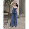 Costume en jean rétro français pour femme Xia Xin taille fine bretelles volants haut pantalon large taille haute ensemble deux pièces