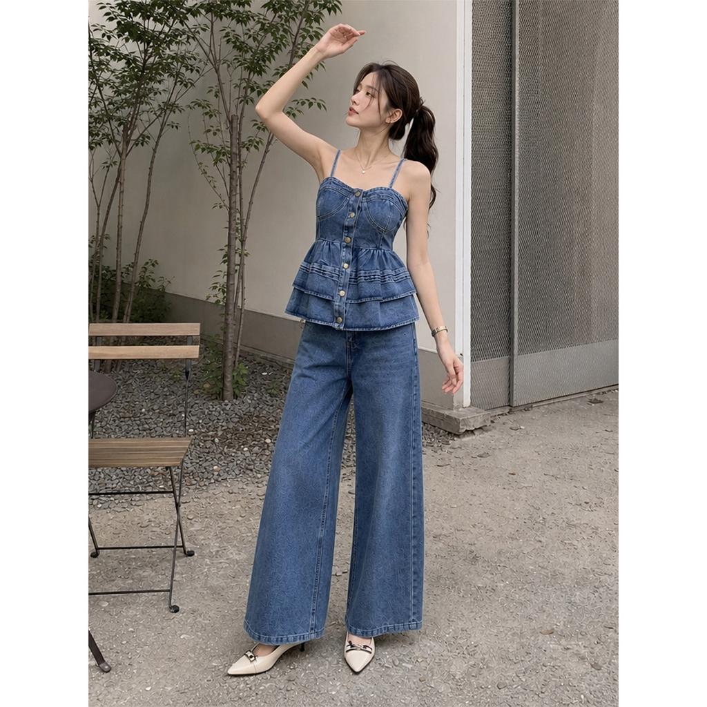Costume en jean rétro français pour femme Xia Xin taille fine bretelles volants haut pantalon large taille haute ensemble deux pièces