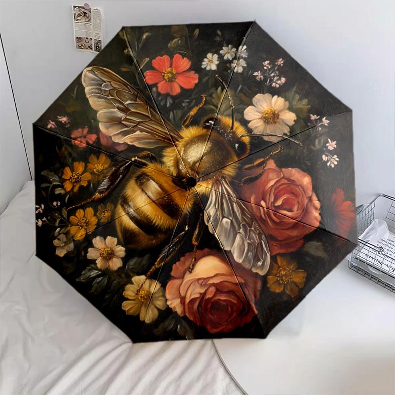 Bee Flower  Pattern, Automatic Folding Umbrella, Portable and Foldable Design, 8 Ribs, a Christmas or Birthday Gift.