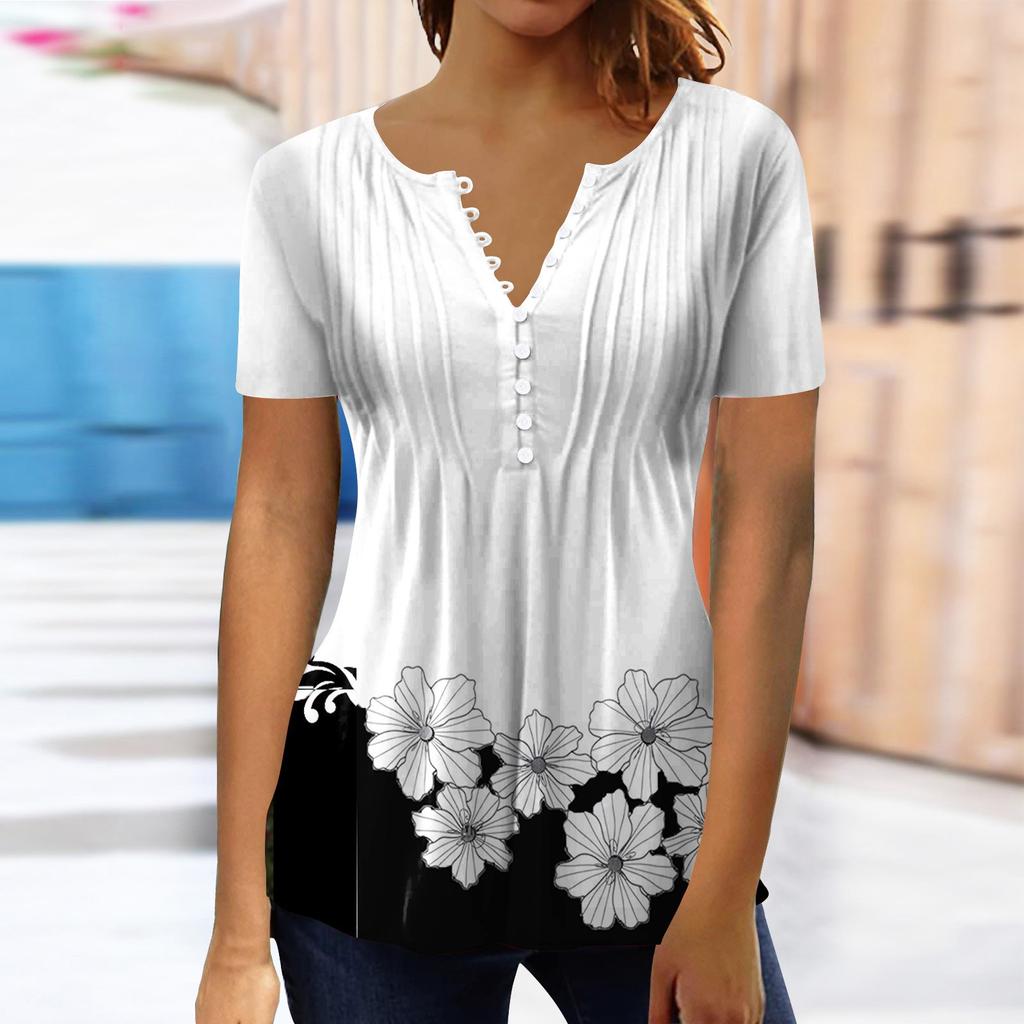 Women's Shirt Blouse Button Vintage Print Short Sleeve Casual Basic Top Pullover