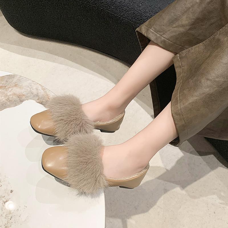 Fashion Women's Flat Shoes Winter New Square Head Shallow Mouth Plus Velvet Soft Sole Anti-slip Wear-resistant Low-top Shoes