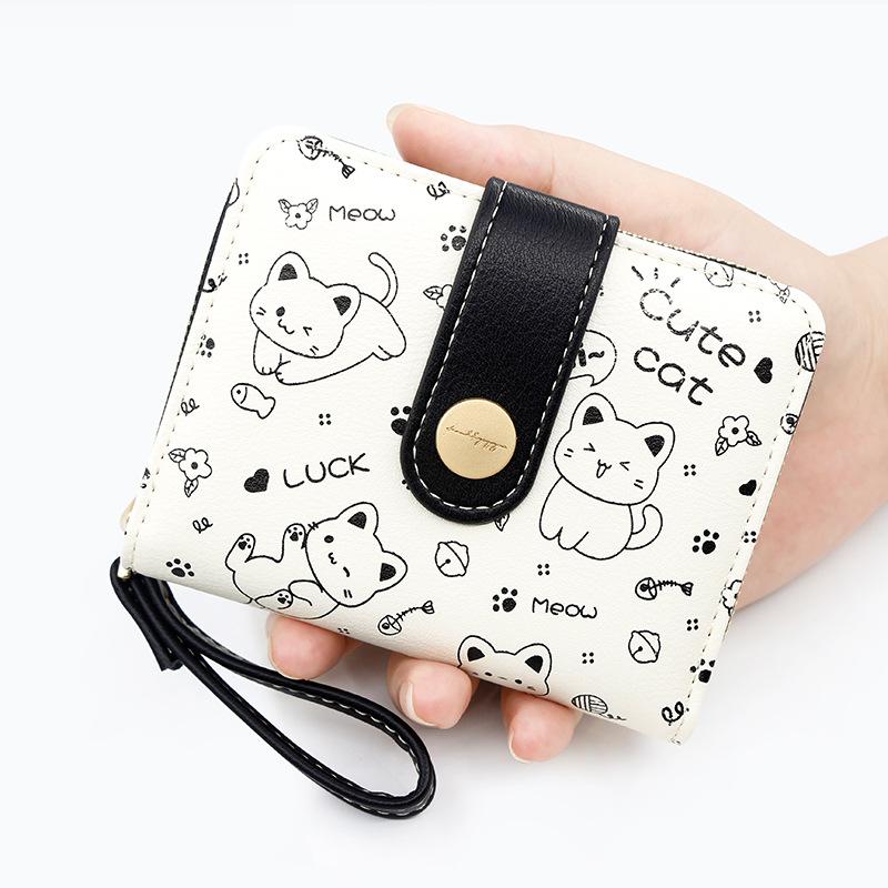 Casual Bi-Fold Kawaii Cat Wallet - Chic Credit Card & Coin Clutch With Secure Buckle Polyester Lining And Convenient Lanyard
