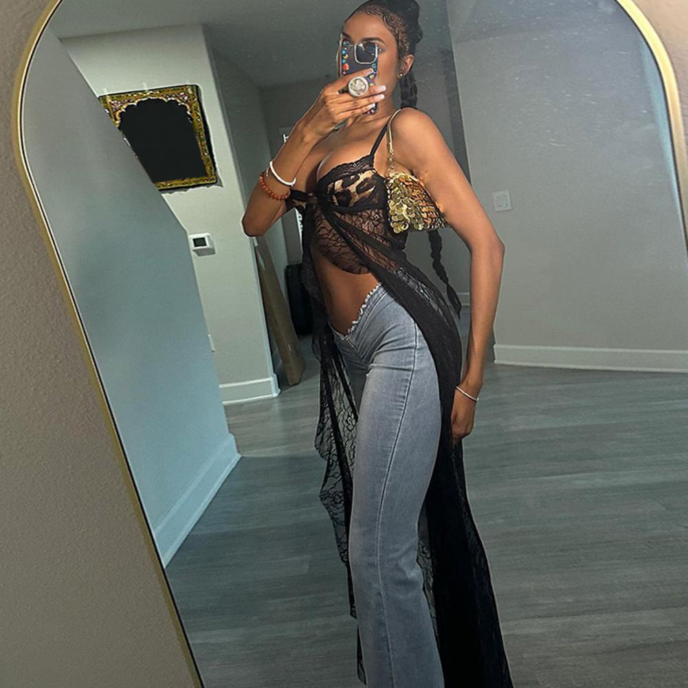 Women Sling Vest Spaghetti Strap Design Strappy Backless Leopard Print Bra Tops See-through Lace Hem Camisole