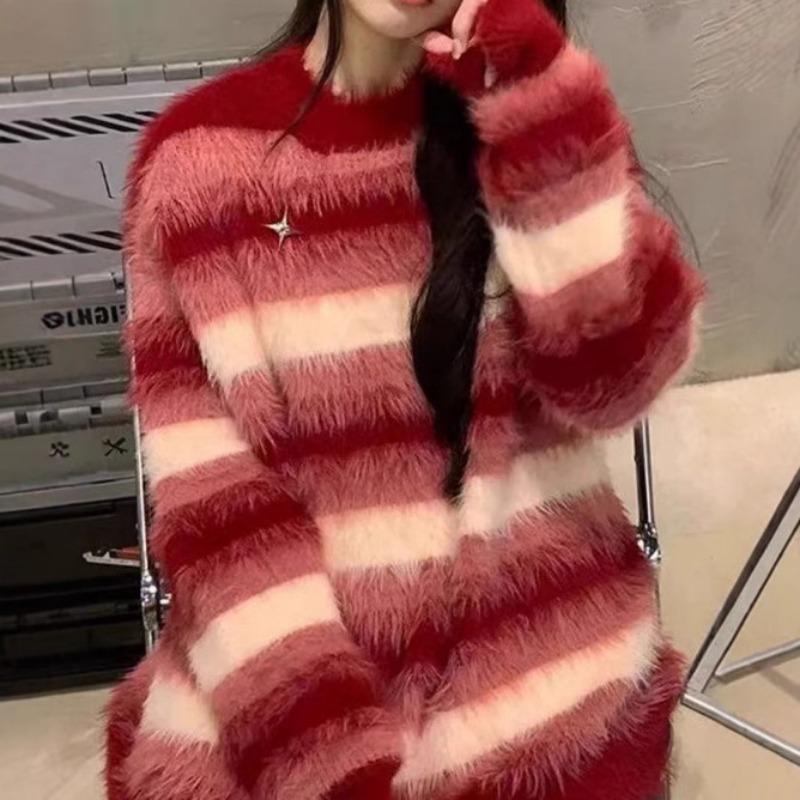 Autumn and winter sweet wind imitation mink fleece soft waxy sweater women's new lazy wind striped knitted pullover women's