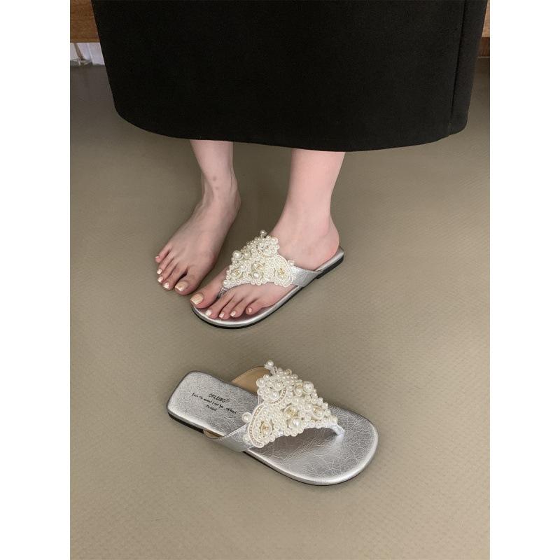 2025 spring and autumn new pearl rhinestones wave wind toe sandals women's flat bottom outside fairy style French