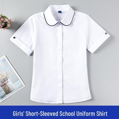 Girls' White Cotton School Uniform Shirt with Black Trim and Lapel - Short-Sleeved, Round Neck