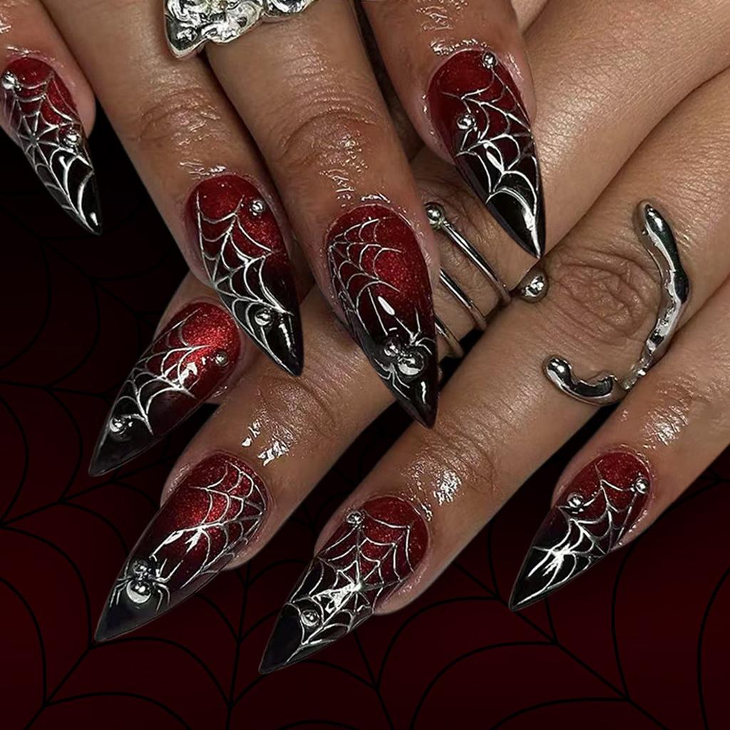Halloween Press On Nails Almond Fake Nails Spider Acrylic Nails Glossy False Nails Stick On Nails Full Cover Fake Nails