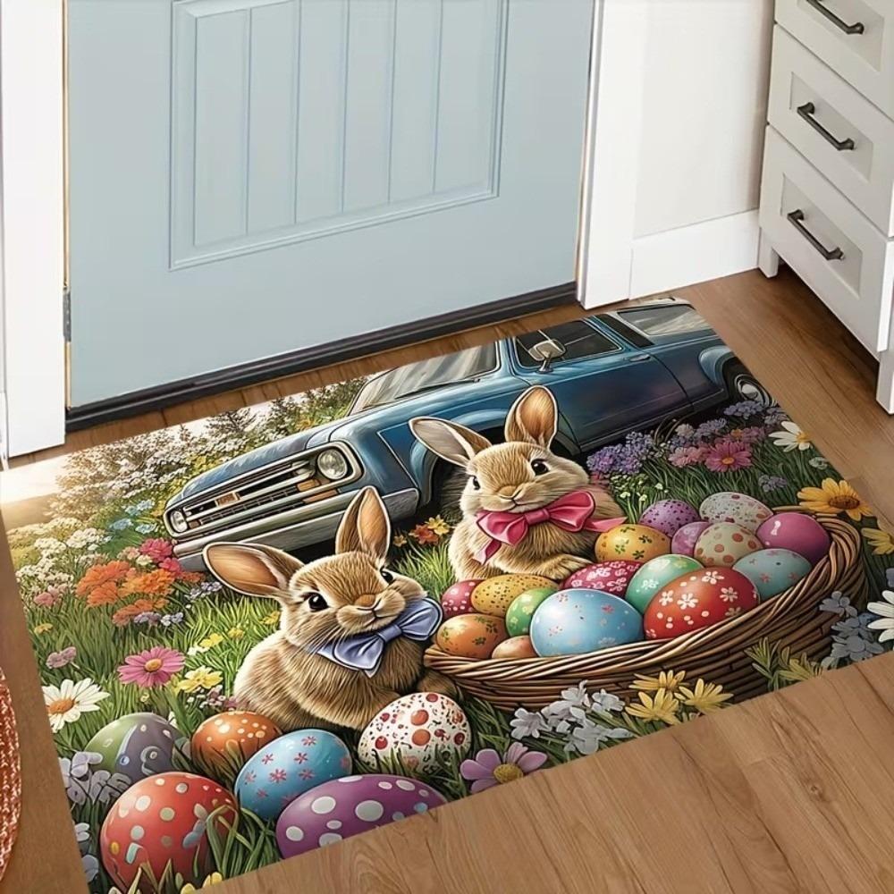 Stain-resistant Cartoon Easter Bunny Door Mat Egg Flower Soft Rabbit Floor Mat Quick Dry Convenient Anti Slip Mat Wet Areas