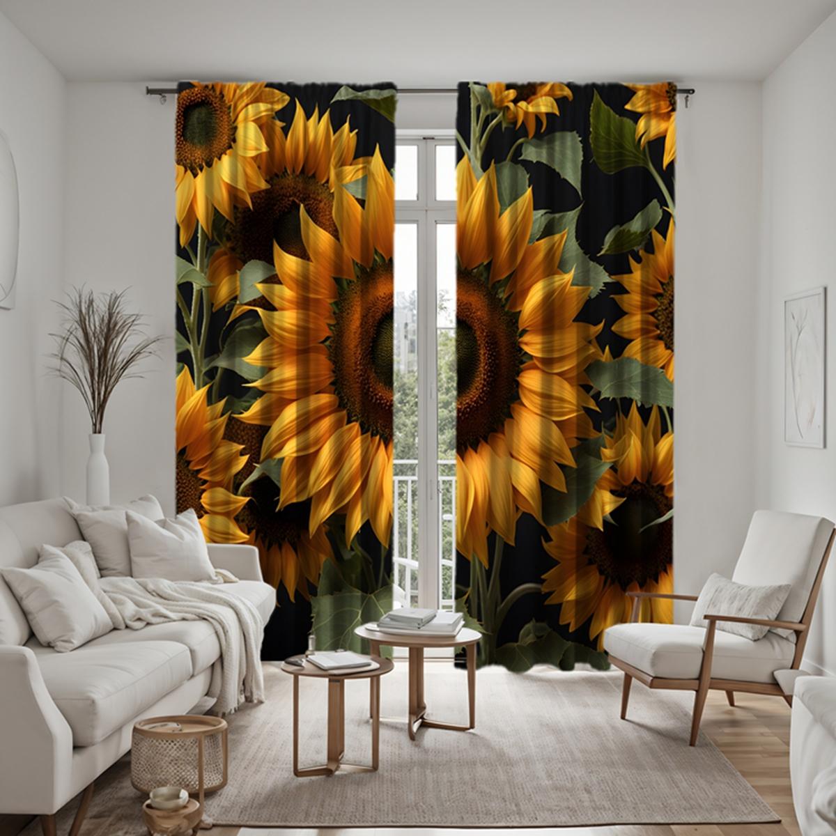 

2 шт. зеленых листьев HD оттеняют занавески с подсолнухами. Желтые шторы с цифровой печатью, стиль украшения дома, гостиная. W52H63inchW132H160cm