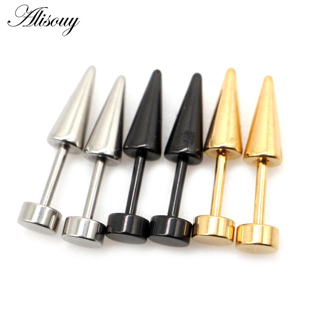 Alisouy 2pcs Unisex Gothic Punk Stainless Steel Cone Spike Rivets Dumbbell Barbell Piercing Men Women Screw Ear Stud Earrings