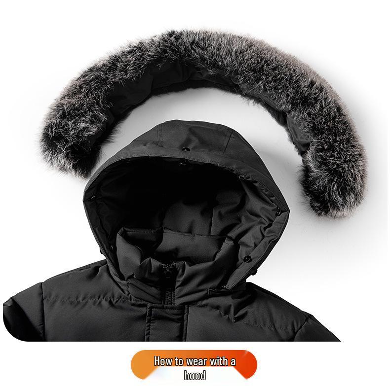 Men's Plus Size Mid-Length Winter Jacket with Detachable Hood and Fur Collar