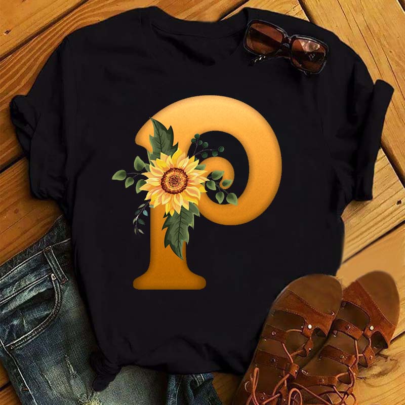 Maycaur Women's T Shirt Custom Name Letter Combination Print Tshirt Sunflower Letter Font A B C D E F G Short Sleeve Ladies Tops