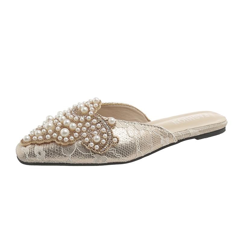 

Модные роскошные мюли-слайды с жемчужными украшениями, женские элегантные сандалии на плоской подошве с острым носком и кружевной отделкой, женские шикарные вечерние туфли для вечеринки с ниткой и бусинами 40