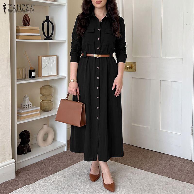 ZANZEA Damen Herbst Button-Down Langarm Midi Hemdblusenkleid