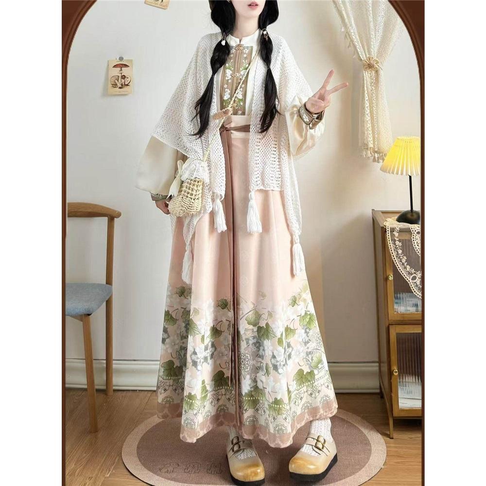 

Women s Ming Dynasty Hanfu Set, Stand Collar Top & One Piece Skirt, Daily Wear Chinese Traditional Outfit M різнокольоровий