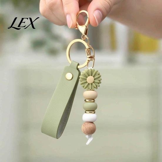 Flower Charm with Wood Beads Silicone Keychain Faux Leather Wristlet, Car Key Floral Ring Pendant Pendant, Handbag Backpack Women