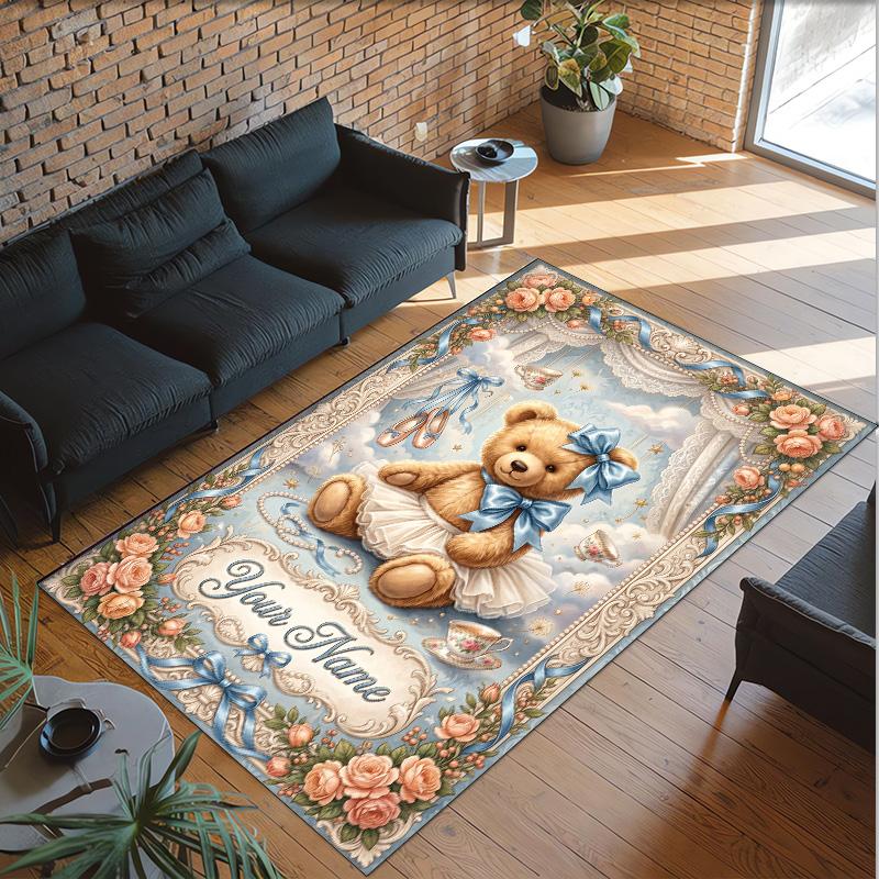 Teddy Bear Theme Crystal Velvet Rug Personalized Custom Name Text Soft Floor Mat Home Decor