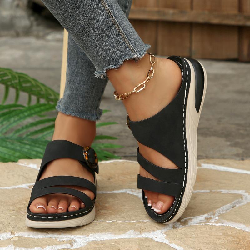 Plus Size Women Thick Sole Hook‑and‑Loop Stitched Sports Wedge Sandals
