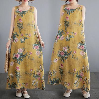 Real Shot Summer New Retro Cotton and Linen Printing Fattened Plus Round Neck Sleeveless Vest Medium and Long Dress Women