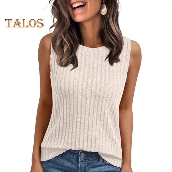 Women Tops Round Neck Sleeveless Slim Fit Knitted Tops Solid Color Elastic Ribbed Tank Tops Daily Wear