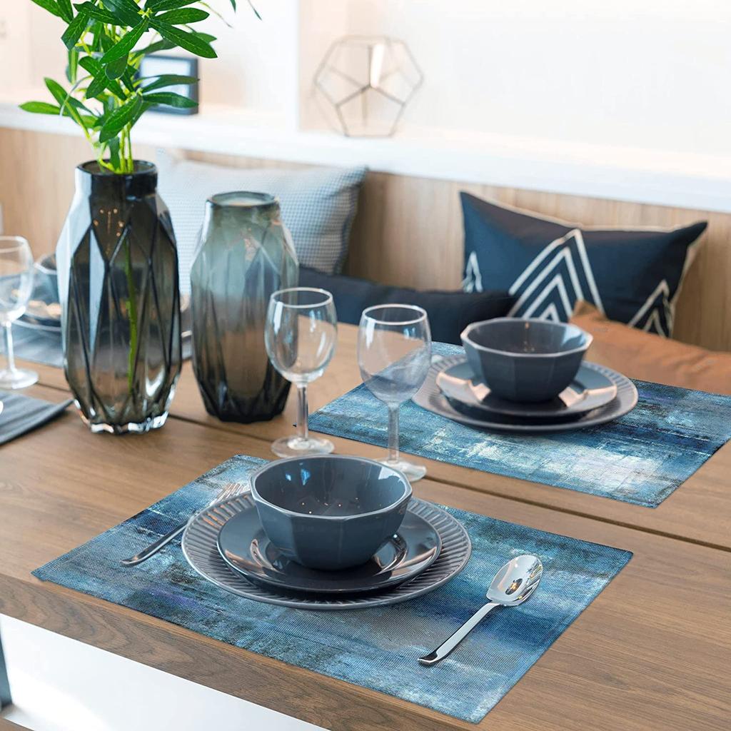 Sorfbliss Modern Art Placemats Set of 4 Blue and Grey Abstract Painting Place Mats for Dining Table Home Party Decor 18x12 Inch