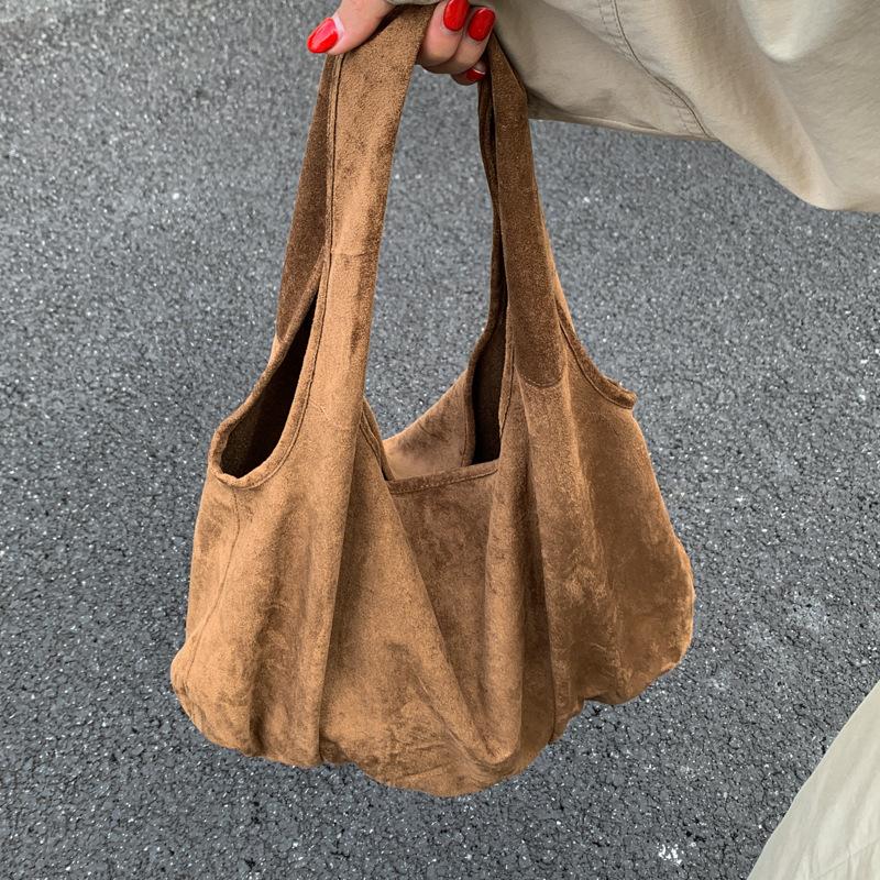 Retro Large Capacity Suede Tote Bag for Women Simple Solid Color Ladies Velvet Shoulder Bags Versatile Portable Female Handbags