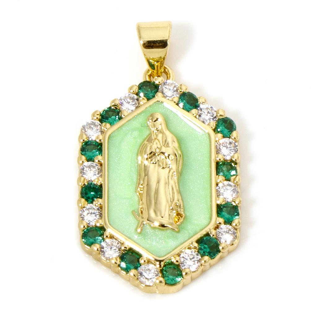 1 PC Virgin Mary Religious Brass Pendants 18K Gold Plated Pearlized Hexagon Enamel Cubic Zirconia Charms Pendants 3cm x 1.7cm