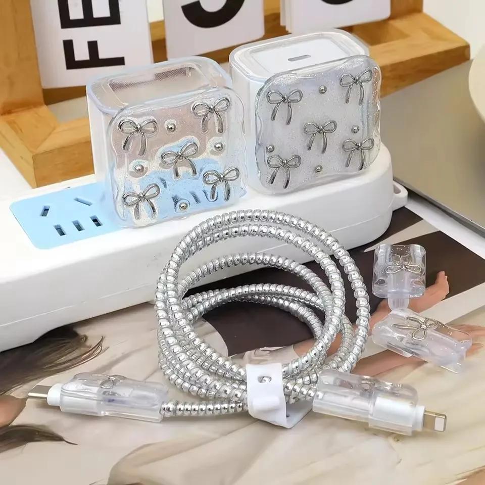 Transparent Shining Bowknot Cellphone Charger Protective Case Sleeve for Apple IPhone 18/20W Laser Cable Winder Wire Protectors