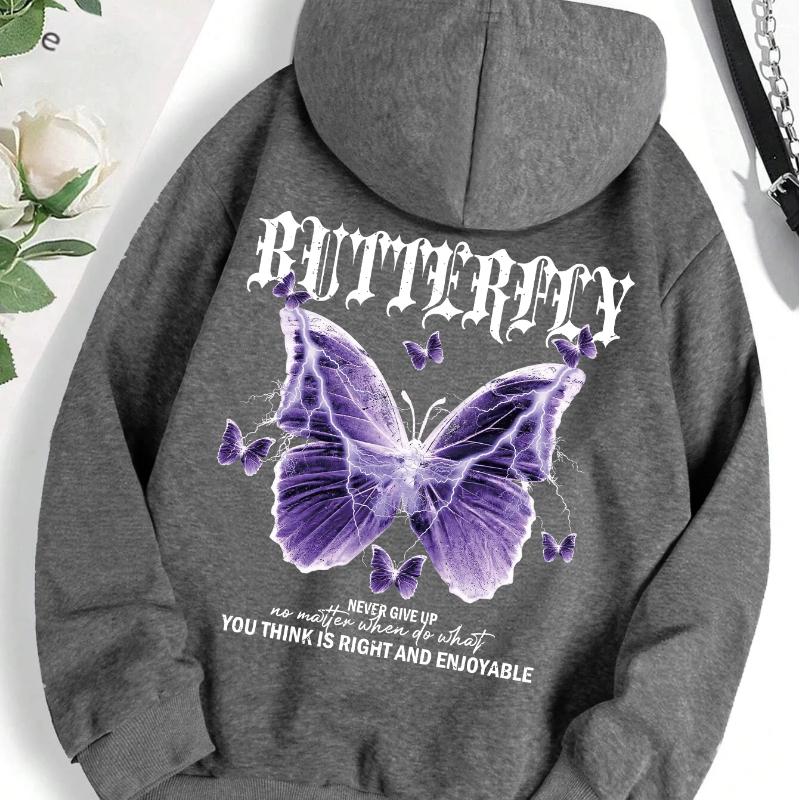 Beautiful Purple Butterfly Printing Hoodies Women Fleece Pocket Hoody Simple Casual Hoodie Autumn Loose Female Streetwear