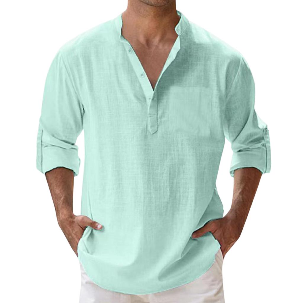 Men'S Fashion Stand Up Collar Solid Color Shirt Casual Long Sleeved Top