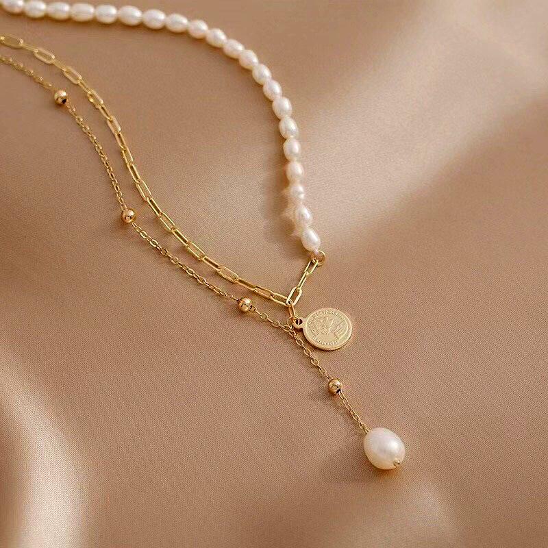 Sweet and Cool Natural Freshwater Pearl Necklace Ins Niche High Sense 11k Gold Injection Splicing Fringed Gold Coin Necklace Women