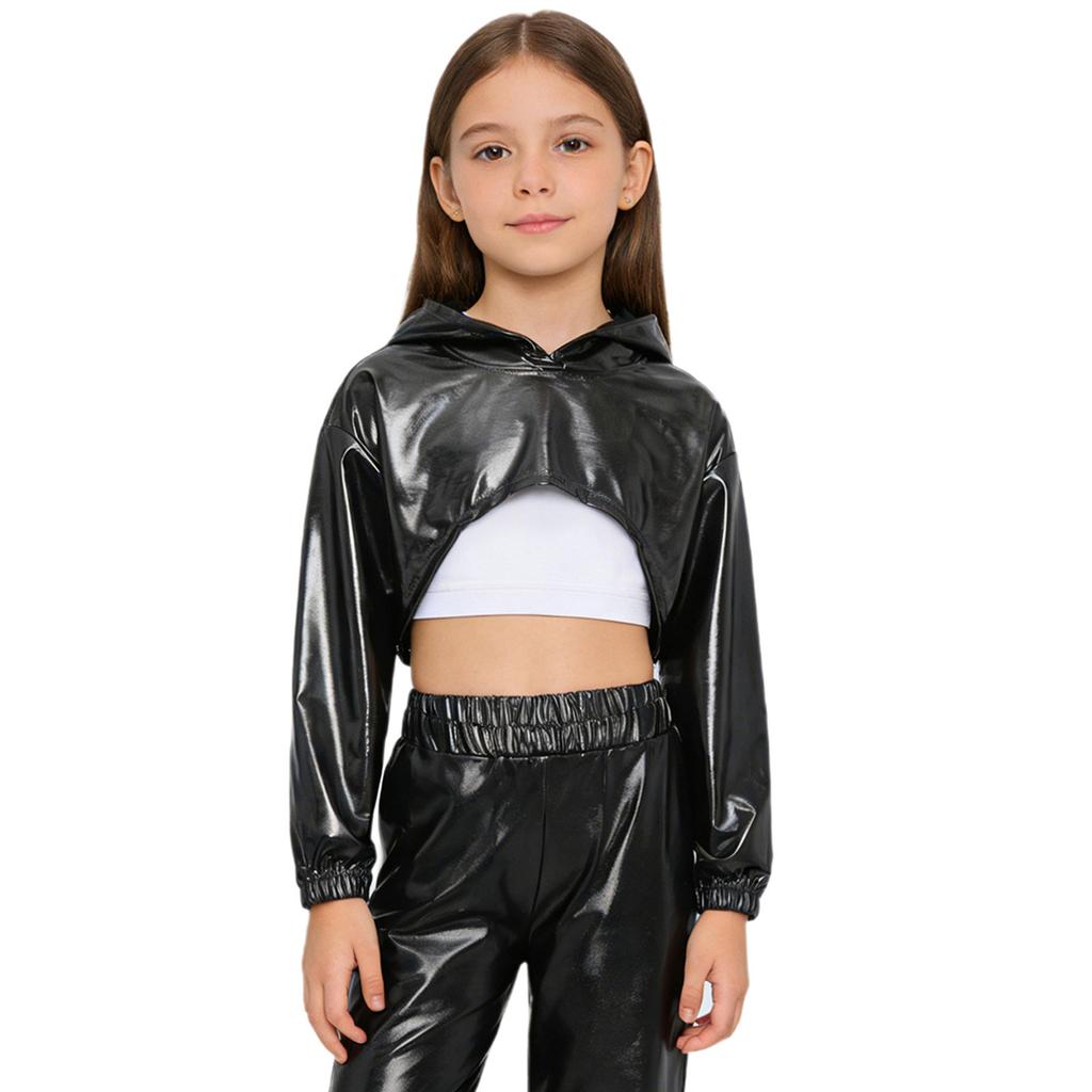 Παιδικό Φούτερ με Κουκούλα Χορευτικό Στυλ Δρόμου για Κορίτσια: Γυαλιστερό Μεταλλικό Κοντό Τοπ με Ασύμμετρο Τελείωμα & Μακριά Μανίκια για Αγώνα