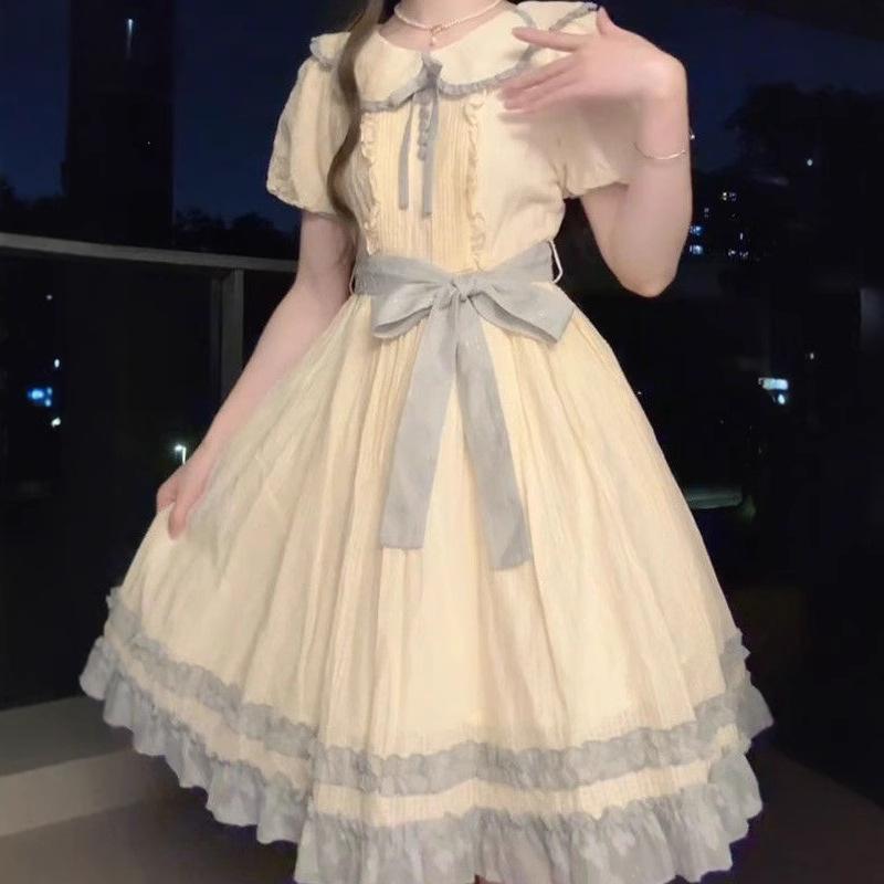 Girls Summer Sweet Pastoral Lace Bow Princess Dress Medium Large Kids Daily Fairy Skirt