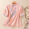 Summer Women Chinese Style Floral Embroidery Mandarin Collar Blouse