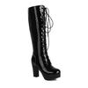 Plus Size Glossy Patent Leather Cross Lace Up Zipper With Plush Lining Women's Knee Length Boots Extra High Thick Heels Boots