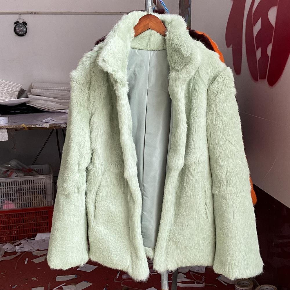 Real Rabbit Fur Coat Long Woman Winter Fashion Stand Collar Plus Size Luxury Warm Outwear Waisted Real Fur