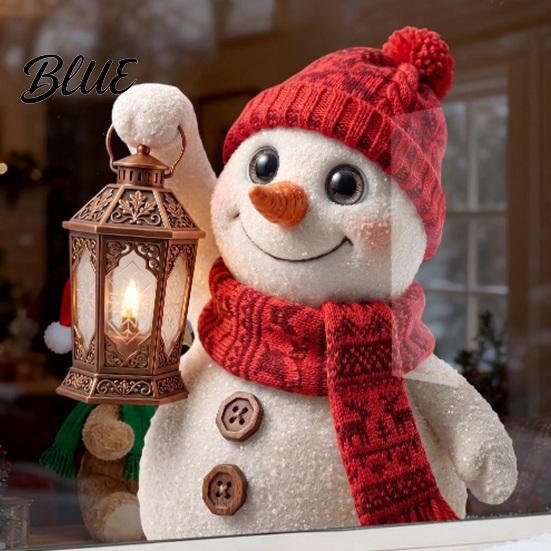 Festival Atmosphere Decor Christmas Snowman with Lantern Window Cling, Cute Static Glass Sticker, PVC Decals Reusable Sticker for Doors and