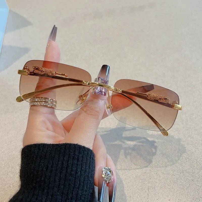 Korean Retro Square Rimless Sunglasses Seaside Cheetah Decoration Frameless Gradient Lens Eyeglasse Outdoor UV Protective Shades