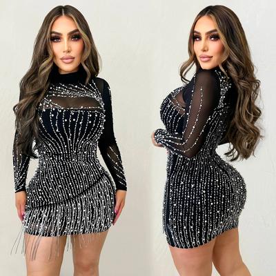 Fashion Women's Long Sleeve Mesh Hot Drilling Bubble Beads Short Dresses