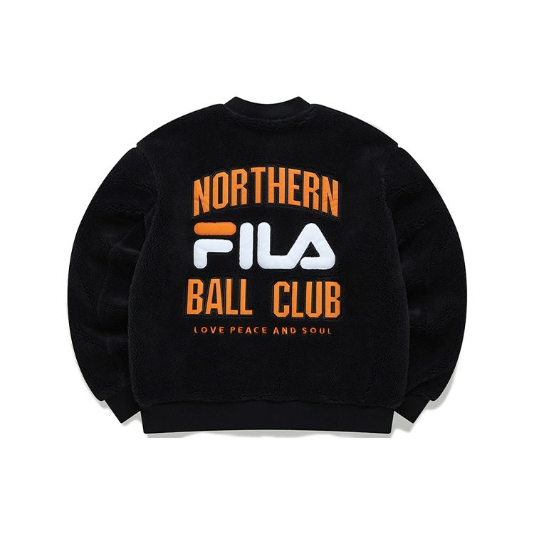 Fila Fusion Inline Faux Shearling Loose Fit Baseball Logo Sports Jacket Unisex jackets Deep-Black T11U145907FBK