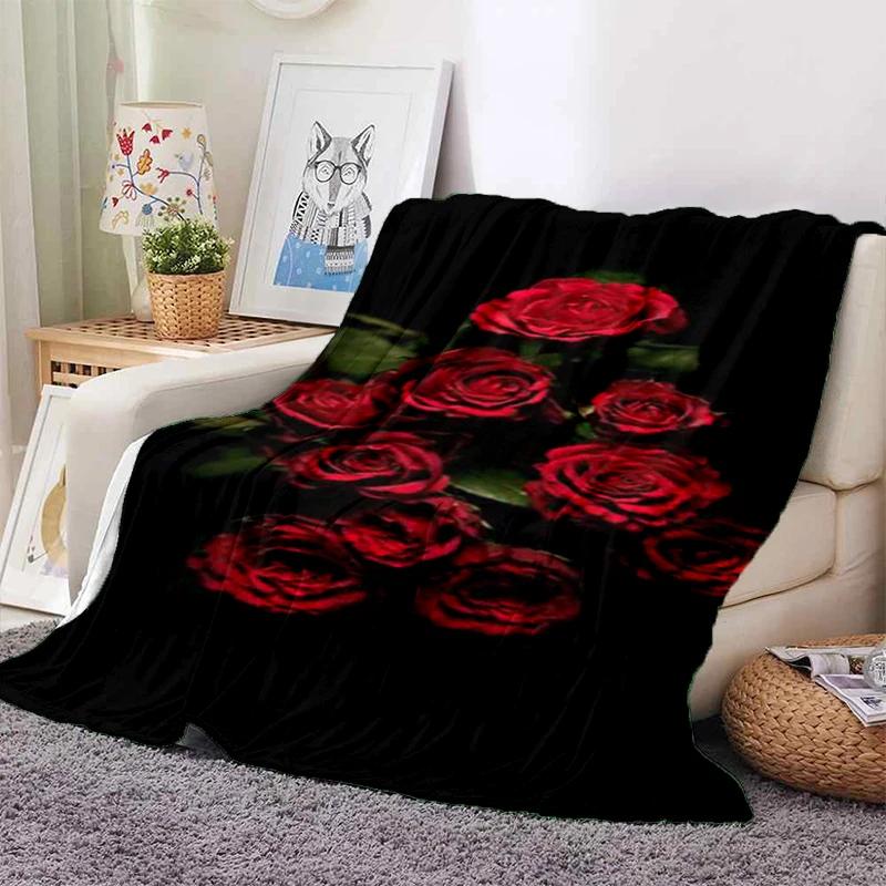 Red Roses Water Droplets Flannel Throw Blanket Valentine's Day Gift for Girls Women King Queen Size for Couch Sofa Living Room