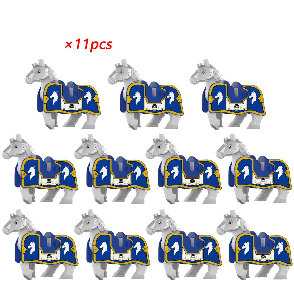 11 Stück Mittelalterliche Pferde Graue Körper Blaue Satteldecken Weiße Pferdeembleme Gelbe Verzierungen Baustein