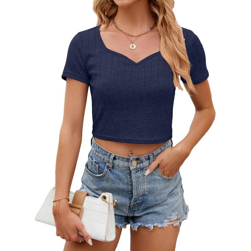 Women's Summer T-shirt Short Sleeve Vest Fashion Square Collar Top