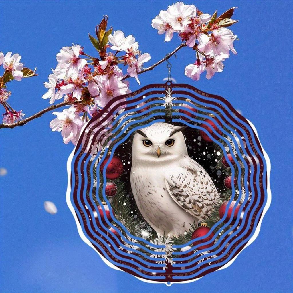 Weihnachts-Eule Windspiel Outdoor-Dekoration Hängend Drehbar Garten Terrasse Feiertagsdekoration Wetterfest 2D Dynamische Kunst mit 360-Grad-Drehhaken